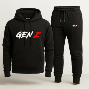 Black Genz Printed Hooded Tracksuit for Men