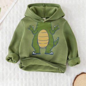 Cozy Green Dinosaur Printed Hoodie for Young Kids