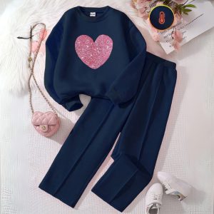 Glitter Heart Navy Blue Design Tracksuit for Girls