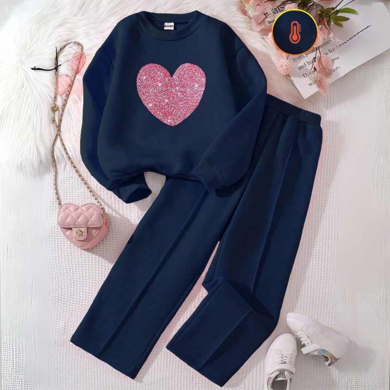 Glitter Heart Navy Blue Design Tracksuit for Girls