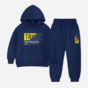Trust The Process Printed Hooded Tracksuit For Tween Kids - Navy Blue