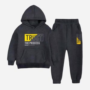 Trust The Process Printed Hooded Tracksuit For Tween Kids - Charcoal