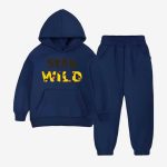 Stay Wild Printed Hooded Tracksuit For Young Kids - Navy Blue