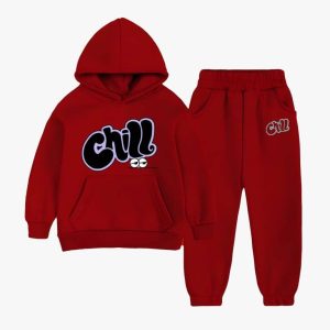 Chill Printed Hooded Tracksuit For Young Kids - Maroon