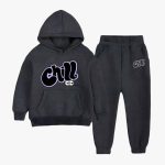 Chill Printed Hooded Tracksuit For Young Kids - Charcoal