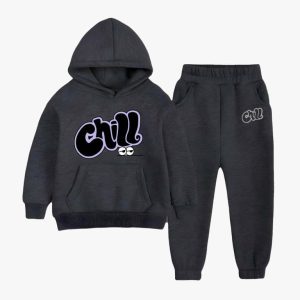 Chill Printed Hooded Tracksuit For Young Kids - Charcoal