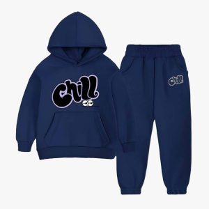 Chill Printed Hooded Tracksuit For Young Kids - Navy Blue