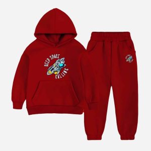 Space Printed Hooded Tracksuit For Young Kids - Maroon