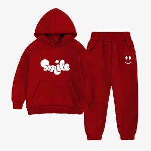Smile Printed Hooded Tracksuit For Young Kids - Maroon