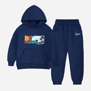 Surf Side Printed Hooded Tracksuit For Tween Kids - Navy Blue