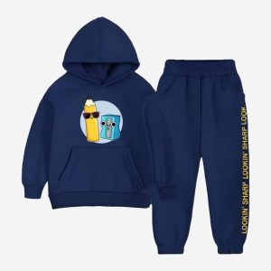 Lookin Sharp Printed Hooded Tracksuit For Young Kids - Navy Blue