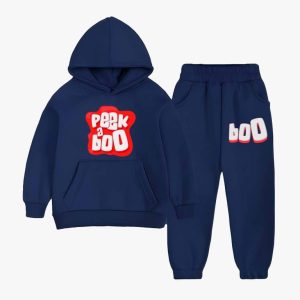 Peak a Boo Printed Hooded Tracksuit For Young Kids - Navy Blue