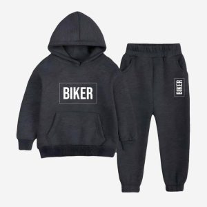 Biker Printed Hooded Tracksuit For Tween Kids - Charcoal