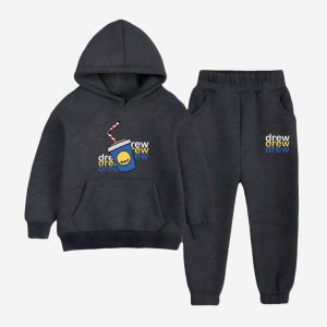 Drew Printed Hooded Tracksuit For Young Kids - Charcoal