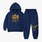 Bear Printed Hooded Tracksuit For Young Kids - Navy Blue