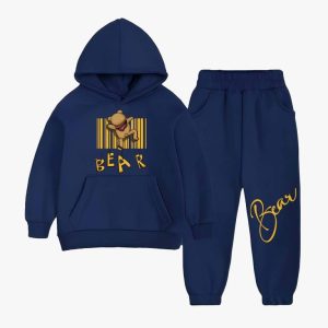 Bear Printed Hooded Tracksuit For Young Kids - Navy Blue