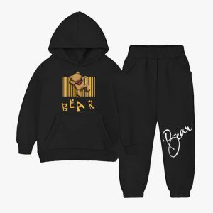 Bear Printed Hooded Tracksuit For Young Kids - Black