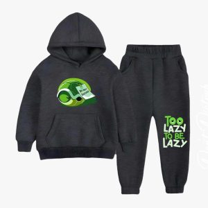 Lazy Printed Hooded Tracksuit For Young Kids - Charcoal