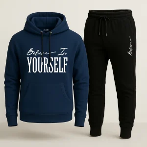 Contrast Navy Blue Believe in Yourself Printed Hooded Tracksuit for Men