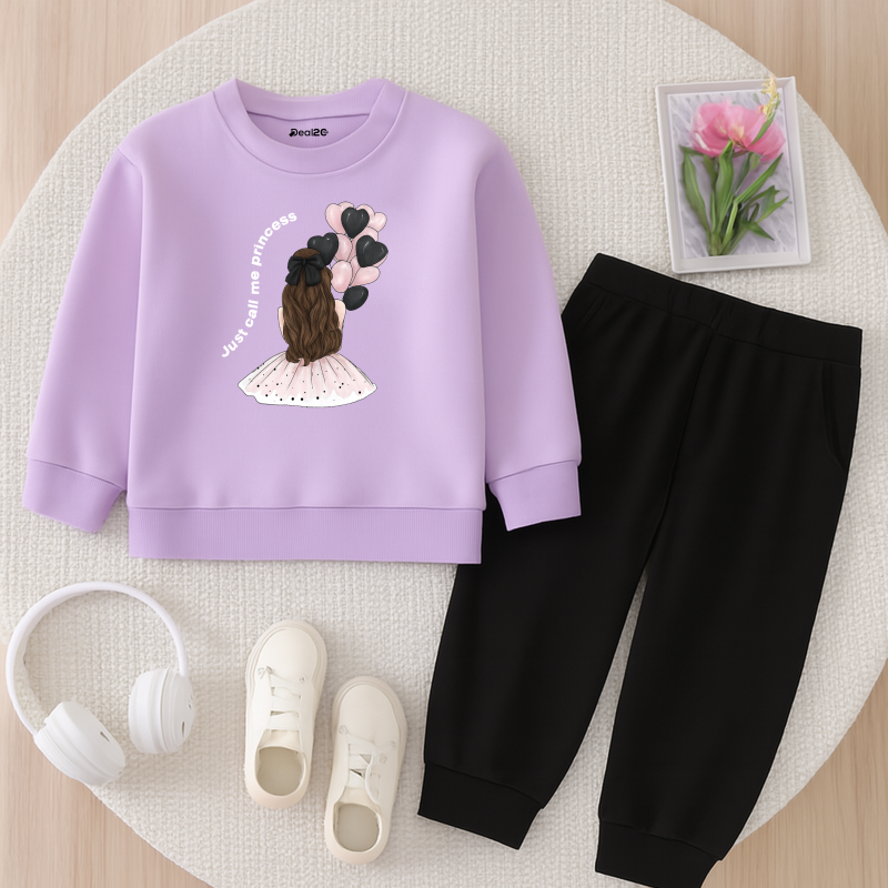 Contrast Princess Balloons Printed Purple Sweatshirt Tracksuit for Girls Contrast Princess Balloons Printed Purple Sweatshirt Tracksuit for Girls