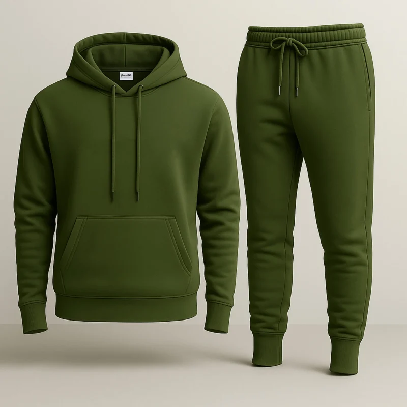Army Green Plain Hooded Tracksuit for Men