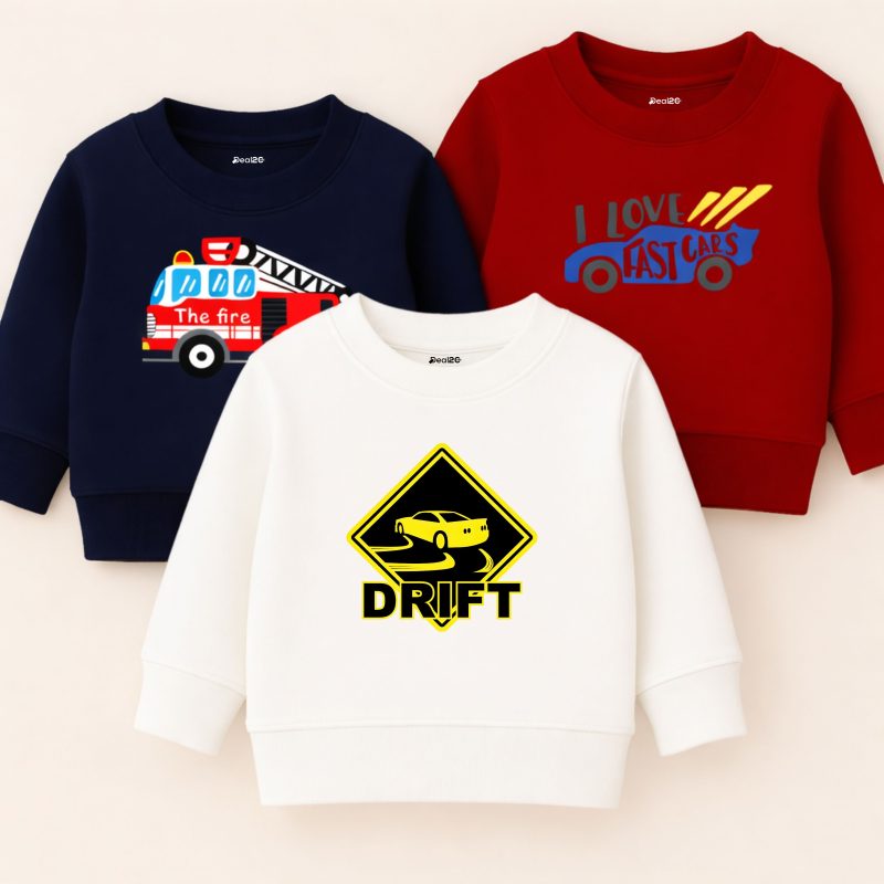 Pack of 3 Fast Drift Cars Printed Sweatshirts for Young Kids Pack of 3 Fast Drift Cars Printed Sweatshirts for Young Kids