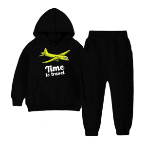Black Time to Travel Hooded Tracksuit For Kids