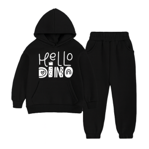Hello Dino Printed Kids Hooded Tracksuit - Black
