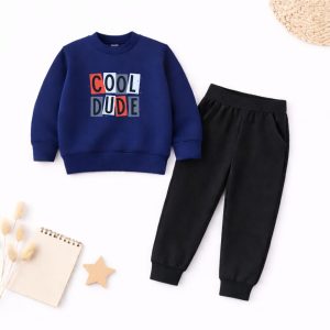 Contrast Cool Dude Printed Navy Blue Sweatshirt Tracksuit for Boys