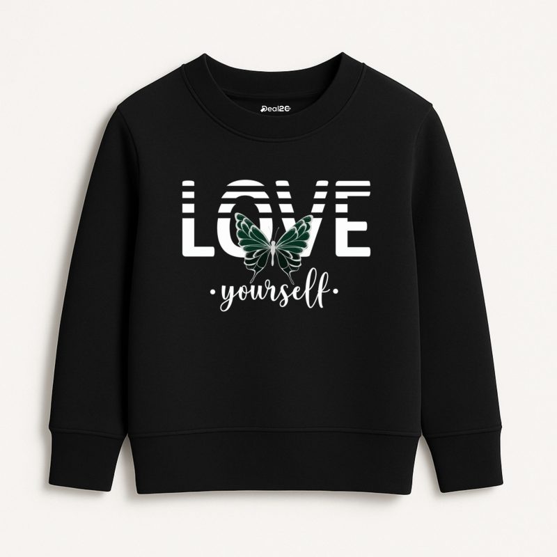 101 Love Yourself Printed Black Sweatshirt for Girls
