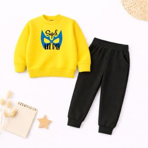 Contrast Super Hero Printed Yellow Sweatshirt Tracksuit for Boys