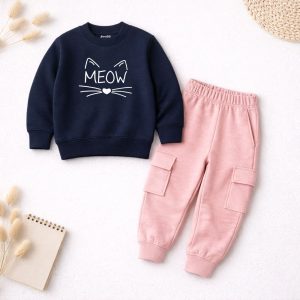 Contrast Meow Printed Navy Blue Sweatshirt Tracksuit for Girls