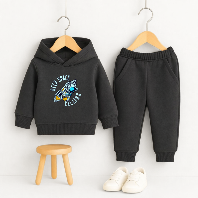 Deep Space Calling Printed Charcoal Hooded Tracksuit for Young Kids