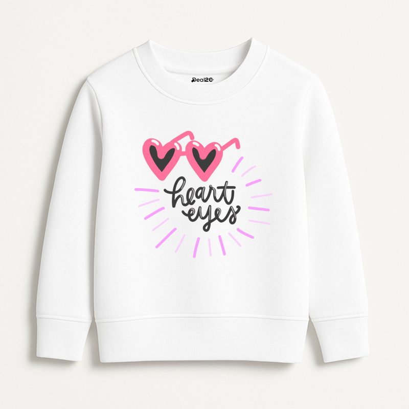 Heart Eyes Printed White Sweatshirt for Girls
