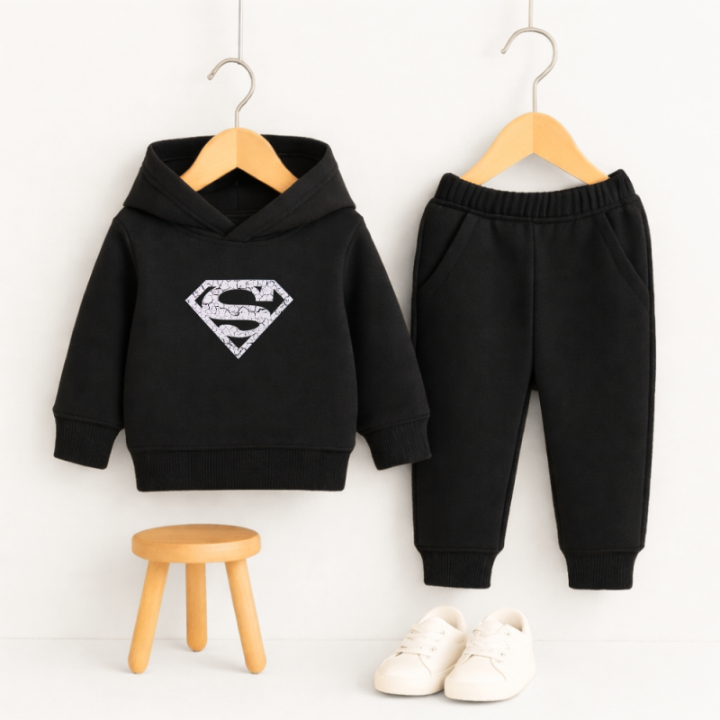 Diamond S Logo Printed Black Hooded Tracksuit for Young Kids