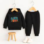 Super Boy Printed Black Hooded Tracksuit for Young Kids
