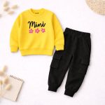 Contrast Mini Flower Printed Yellow Sweatshirt Tracksuit for Girls