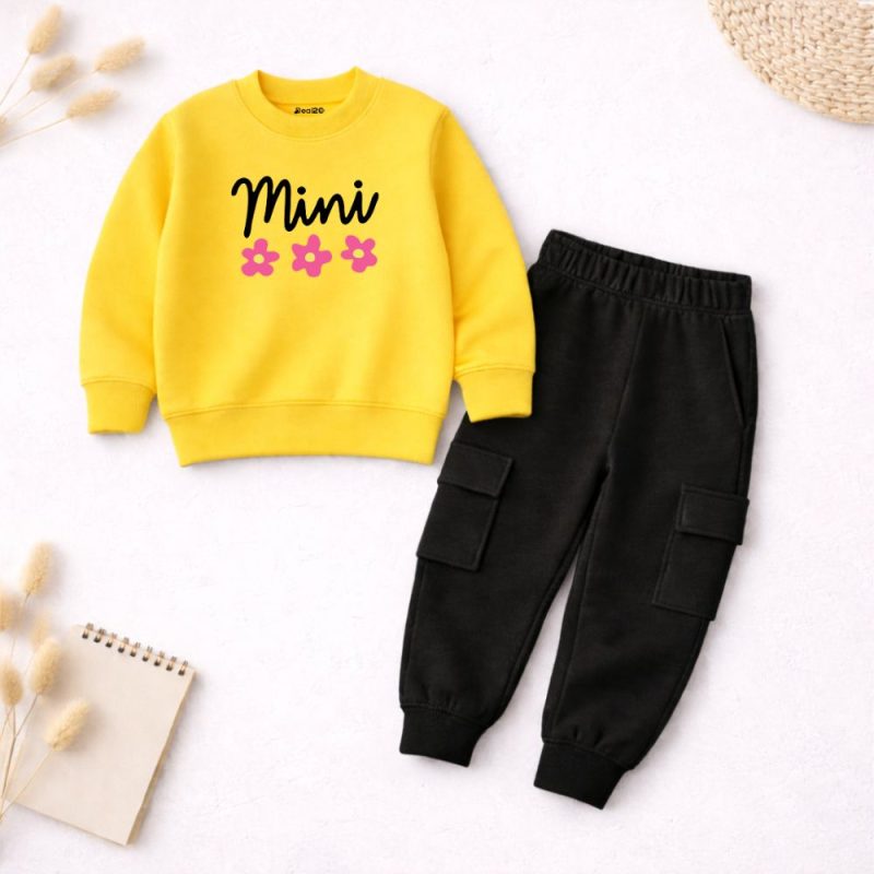 Contrast Mini Flower Printed Yellow Sweatshirt Tracksuit for Girls Contrast Mini Flower Printed Yellow Sweatshirt Tracksuit for Girls