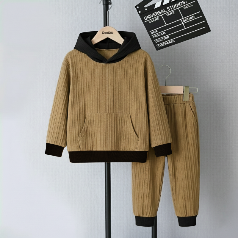 Stylish Solid Beige Jacquard Hooded Tracksuit for Girls