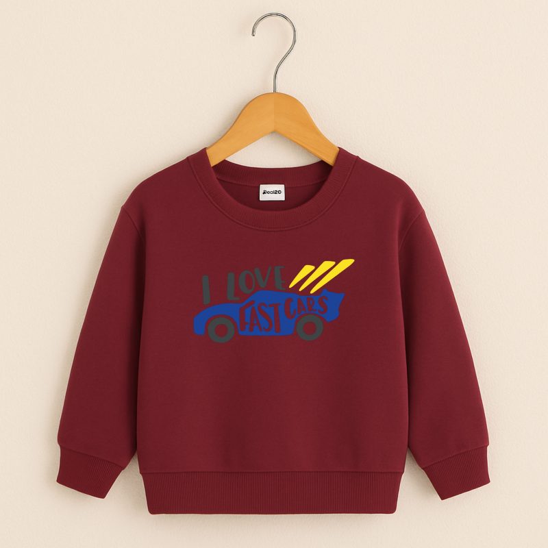 Fast Car Printed Maroon Sweatshirt for Young Kids