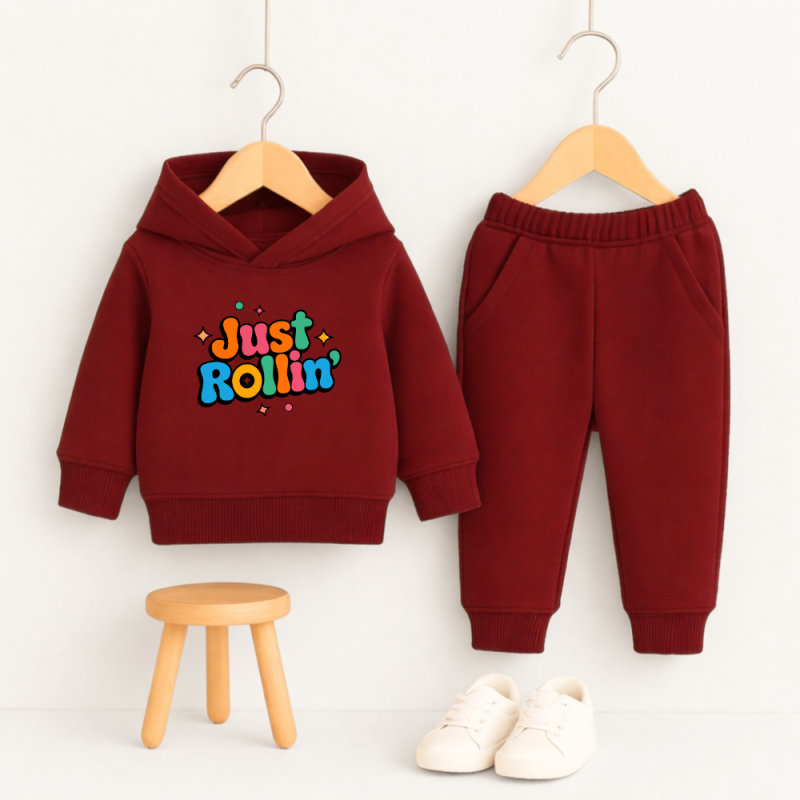 Just Rollin Printed Maroon Hooded Tracksuit for Young Kids