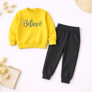Contrast Believe Printed Yellow Sweatshirt Tracksuit for Girls