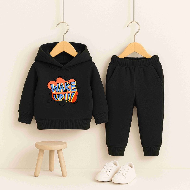 Wake Up Printed Black Hooded Tracksuit for Young Kids Wake Up Printed Black Hooded Tracksuit for Young Kids