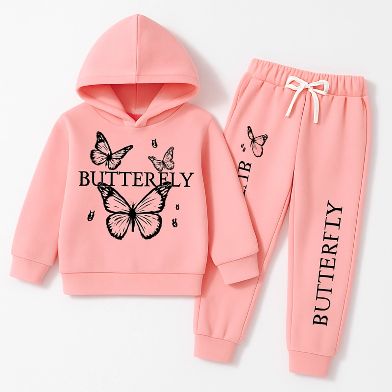 Pink Butterfly Printed Hooded Tracksuit for Girls