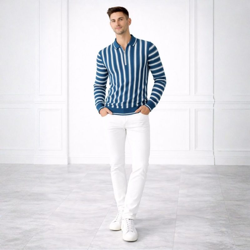 Stripe Zip Blue Collar Shirt for Mens
