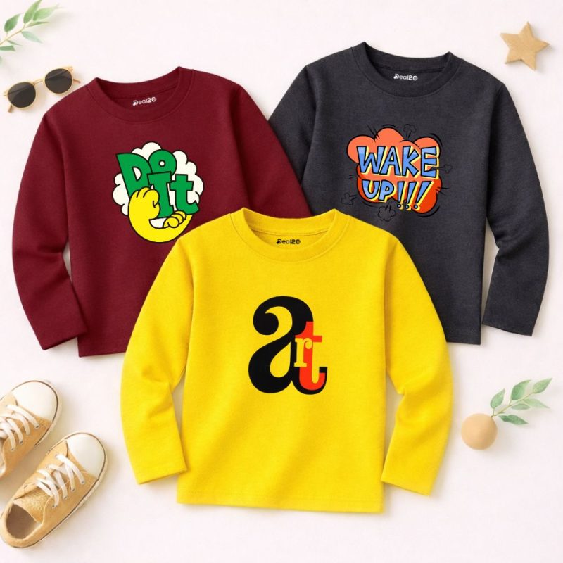 Pack of 3 Do Wake Up Printed Long Sleeve T-shirts for Young Kids