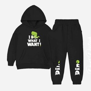 Want Dino Printed Hooded Tracksuit For Young Kids - Black