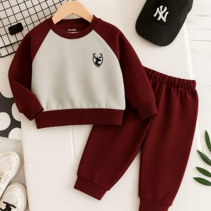 Contrast Maroon and Gray Deer Printed Tracksuit for Young Kids
