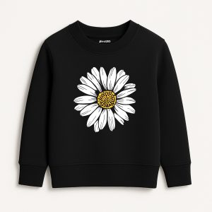 White Flower Printed Black Sweatshirt for Girls