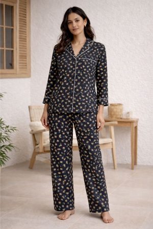 Midnight Bloom Floral Piped Nightwear Set for Womens